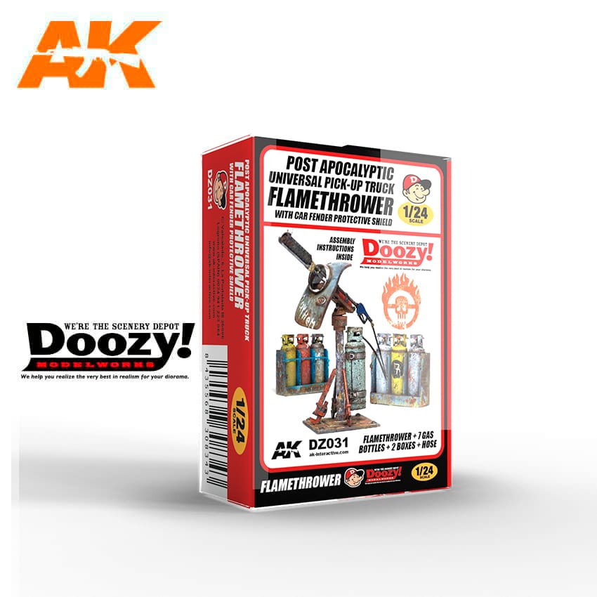 POST APOCALYPTIC UNIVERSAL PICK-UP TRUCK FLAMETHROWER WITH CAR FENDER PROTECTIVE SHIELD scala 1:24 AK INTERACTIVE AKDZ031