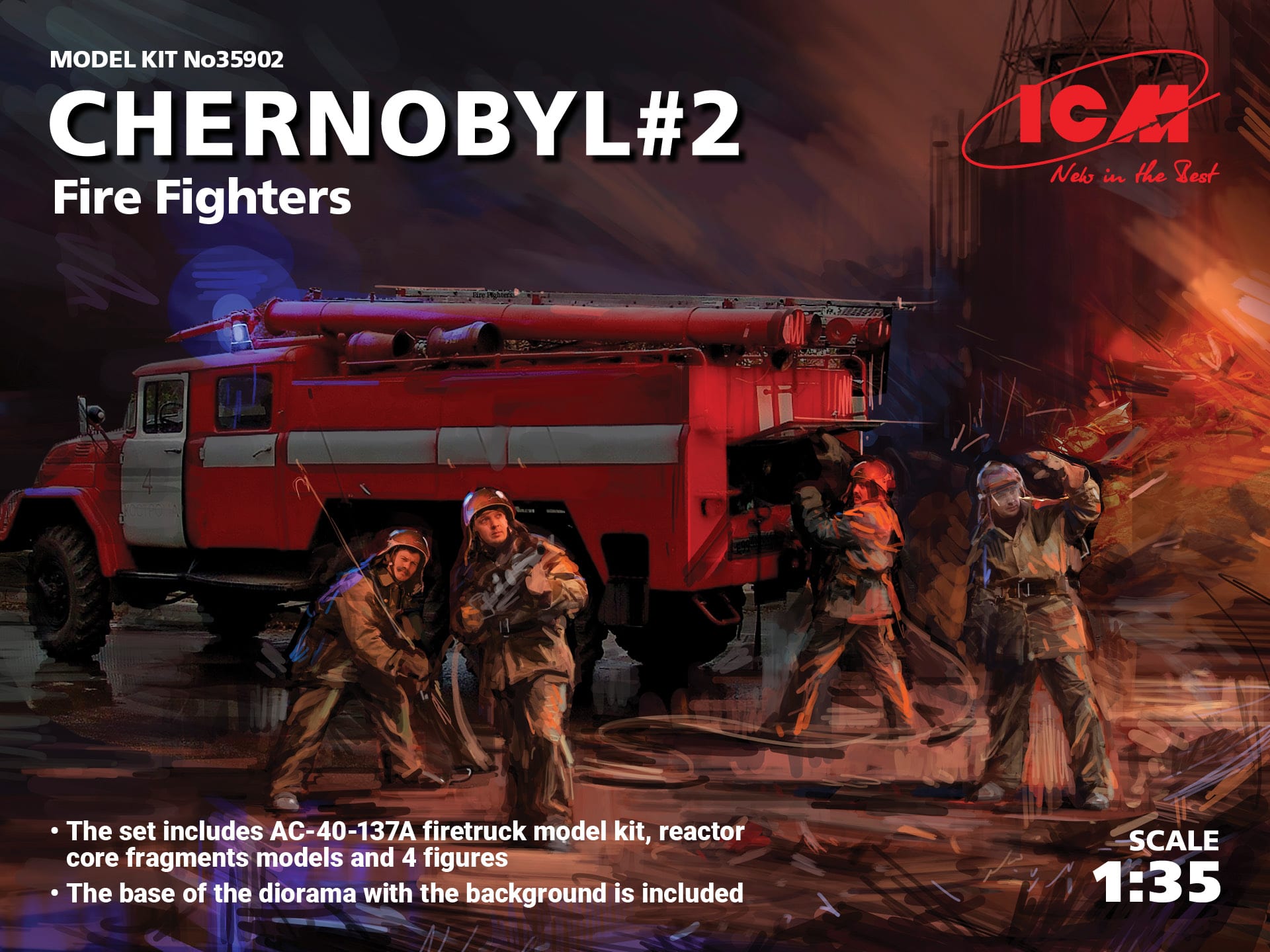 CHERNOBYL#2. FIRE FIGHTERS (AC-40-137A FIRETRUCK & 4 FIGURES & DIORAMA BASE WITH BACKGROUND) Scala 1:35 ICM 35902
